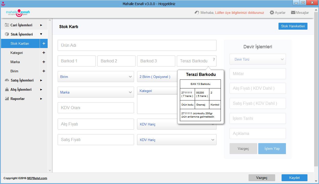 Mahalle Esnafı V3.0.0 da Terazi Barkodu Kullanımı
